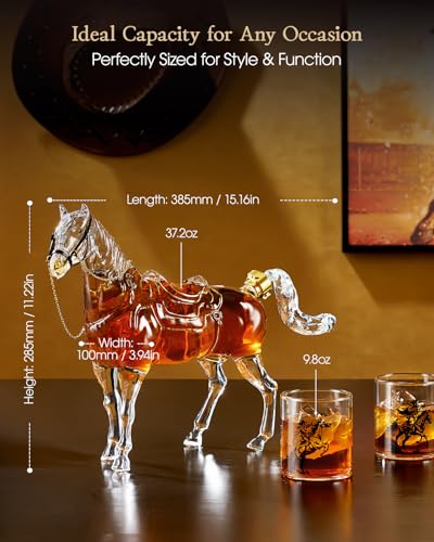 Whiskey Decanter Set with 2 Cowboy Glasses - Horse Theme Western Gift