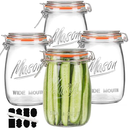 32Oz Glass Food Storage Jars Set of 4 with Airtight Hinged Lids - Wide Mouth Kitchen Containers