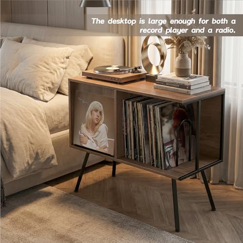 Walnut Record Player Stand with Flip-Down Shelf - 2-Tier, Mid-Century Design