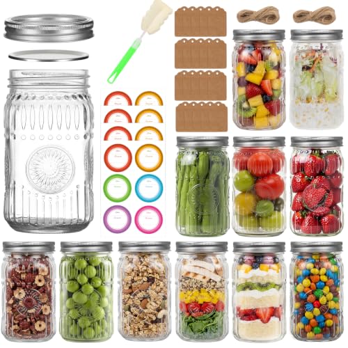 Clear 32oz Wide Mouth Mason Jars 12 Pack with Tags & Twine - Vintage Style
