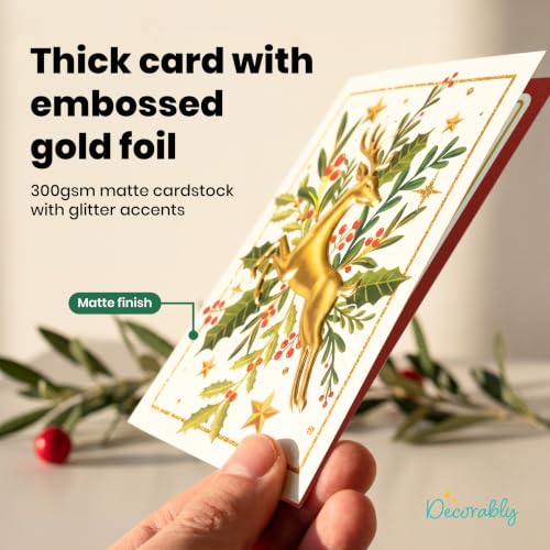 Decorably 12 Pack Foiled Reindeer Christmas Cards 5x7 with Envelopes