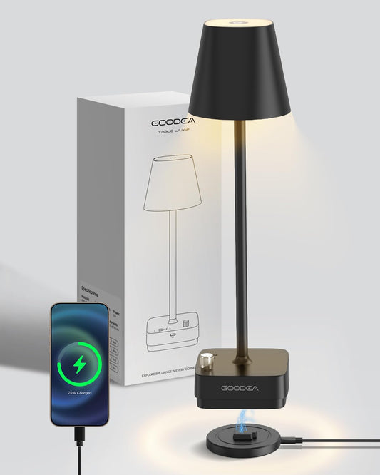 Goodea Cordless Table Lamp with Charging Base, Rechargeable 6000mAh Battery Operated Lamp, 3 Color Dimmable Smart Portable Table Light for Restaurant, Bedroom, Home, Kitchen Counter