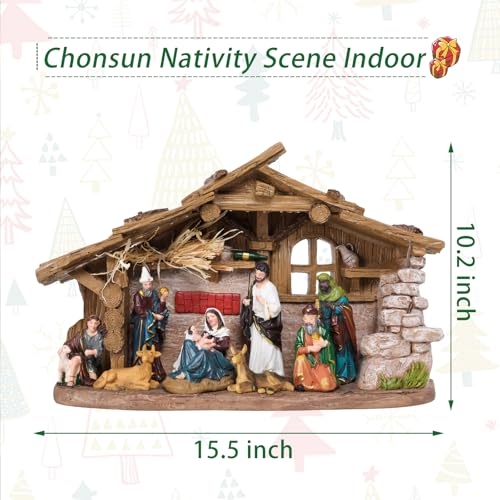 Chonsun 10.2 Inch Nativity Scene Indoor Christmas Village Manger Nativity Set