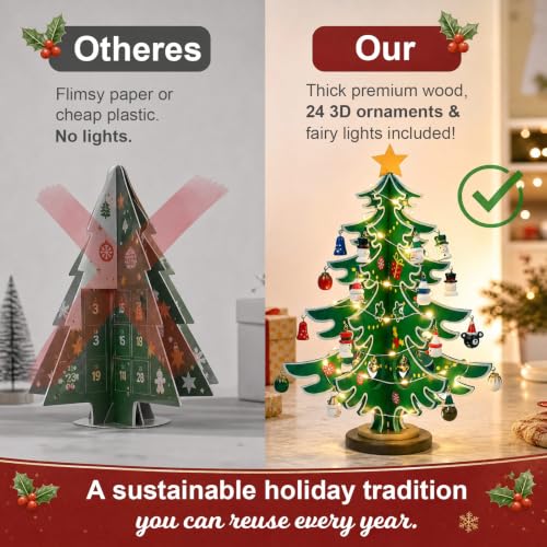 LIHAO 2026 Wooden Advent Calendar Tree with 24 Mini Ornaments & Warm LED Lights (Tree Shape, With String Lights)
