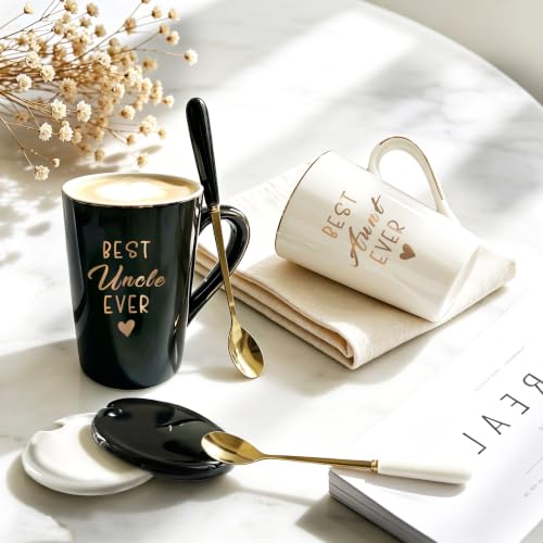 JUUNMAOO Black & White Best Aunt & Uncle Ever Mug Set 14 Oz with Lids & Spoons