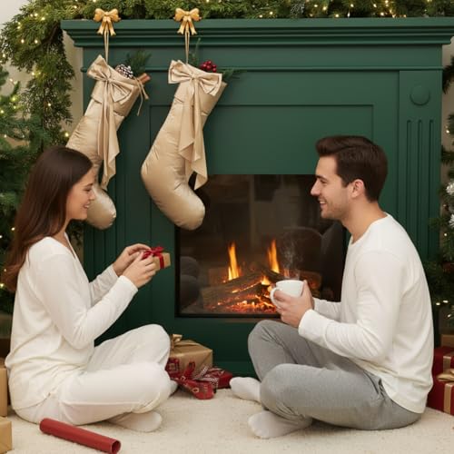 Seematn 2 Pcs 18" Deluxe Satin Champagne Gold Christmas Stocking with Bow - Champagne Gold