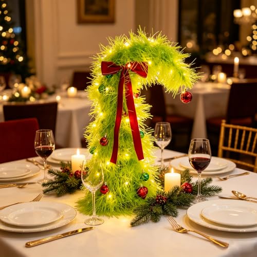 Nexstron Velvet Bow Mini Christmas Tree 20 Inch with Lights & Ornaments – Grinch-Inspired Holiday Decor