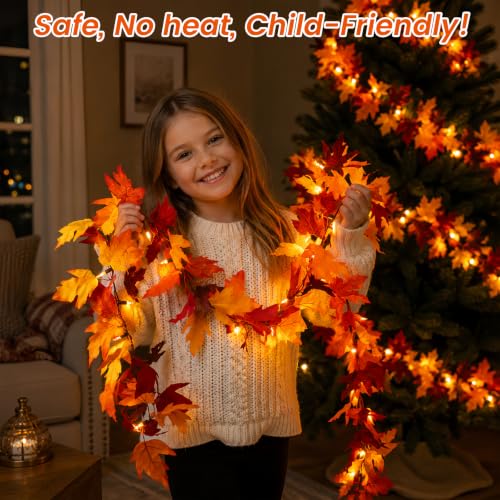 9Ft 2-Pack LED Maple Leaf Garland with Timer & 8 Modes - Fall Decorations