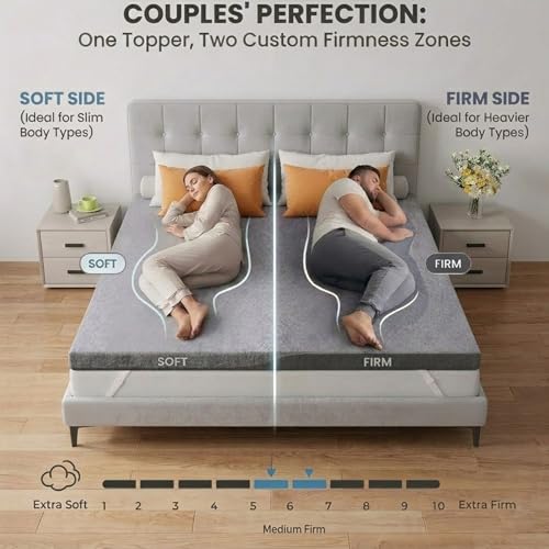 PERLECARE Dual Firmness Mattress Topper Queen Size, 3 Inch Split