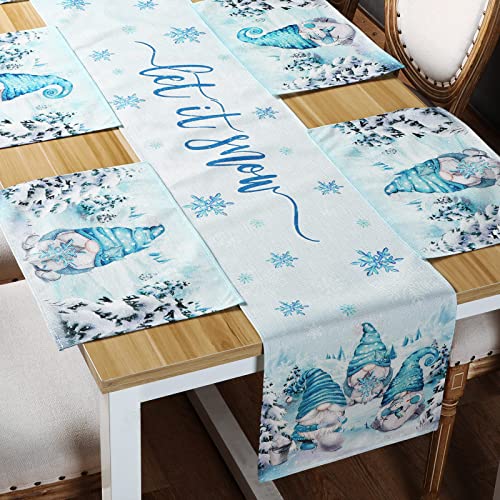 Let It Snow Christmas Table Runner with 6 Placemats Set - 13 x 72 Inch Blue Gnome Snowflake
