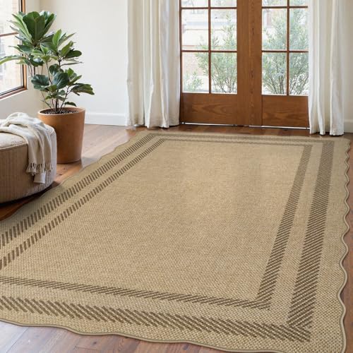 Outdoor 5x7 Scalloped Washable Rug - Tan Border, Non-Slip Indoor/Outdoor Mat