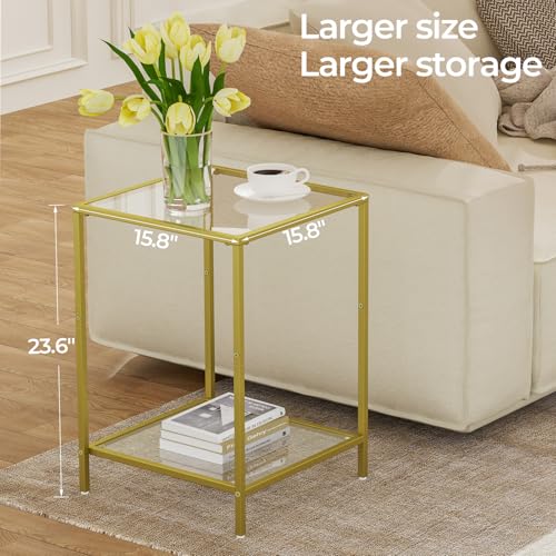 Gold Side Tables Set of 2 with Tempered Glass - Square End Tables, Modern Living Room & Bedroom Decor, 15.7"D x 15.7"W x 23.6"H