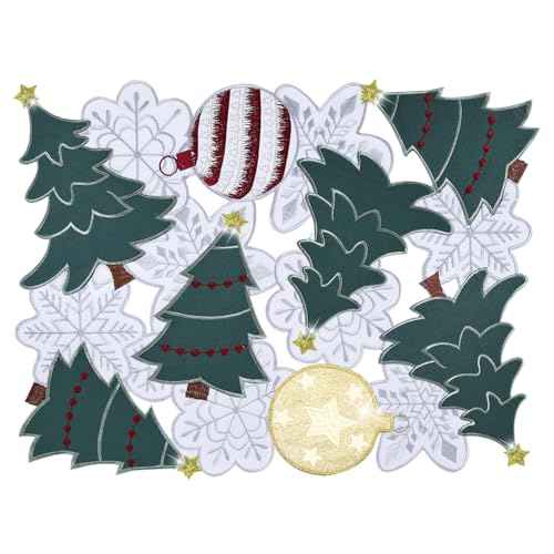 Christmas Tree Table Runner Christmas Ball 72 inches Long Green White Snowflake Embroidered Xmas Decoration Festive Holiday Cutwork Dining Table 70IN
