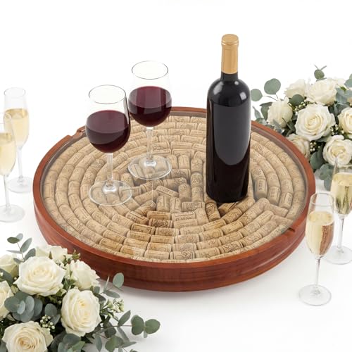 Wine Cork Holder Lazy Susan with Glass Cover – 130 Cork Capacity, Wooden
