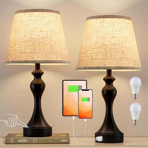 Beige Shade & Black Base Touch Nightstand Lamps Set of 2 with USB-C & A Ports