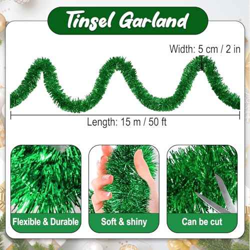50 Feet Green Christmas Tinsel Garland, Metallic Foil Twist Banner Wall Hanging Tinsel Streamers Backdrop for Parade Floats, Christmas, Mother's Day, Birthday Party Decorations(2in x 50ft)