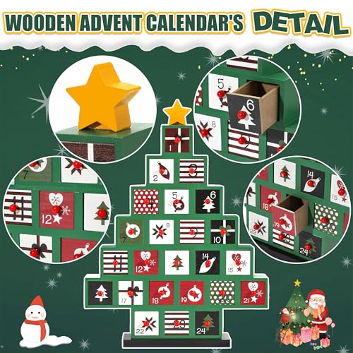 Wooden Advent Calendar with 24 Reusable Drawers Christmas Tree Decor