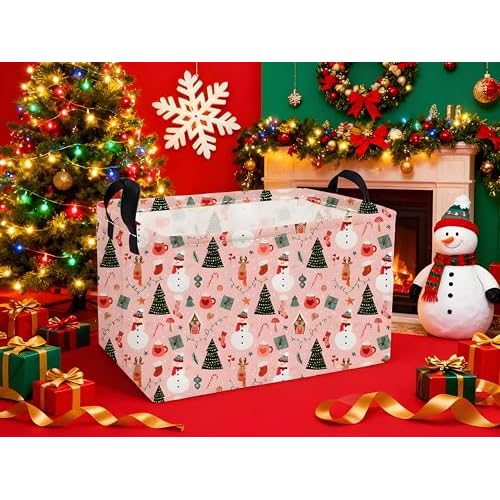 Essme Rectangular Christmas Baskets,Pink Storage Box,Cute Basket for Kids with Handles for Room Decor, Book Bins,Gifts Basket.(Pink Christmas)
