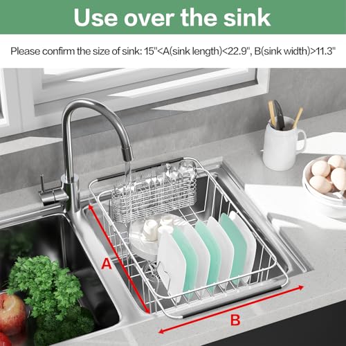 Fanbsy Medium Expandable Dish Drainer Rack in Sink - 14.96x11.02x5.35 Inches, Rustproof Stainless Steel Kitchen Organizer