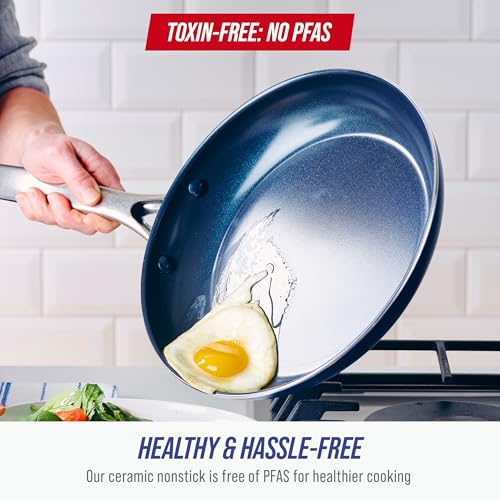 12-Inch Diamond Ceramic Nonstick Frying Pan with Lid - Blue