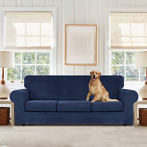 WEERRW Large Navy Blue Velvet Couch Cover 4 Pieces for 3-Cushion Sofas
