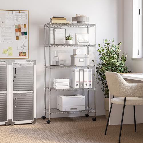 Plated Steel 5-Tier Wire Shelving Unit - 30" W x 14" D x 61.5" H, Adjustable Shelves, Mobile Design