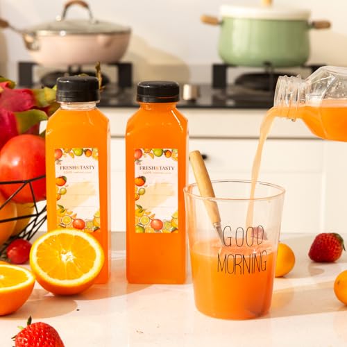 TOMNK 100 Pack 16 Oz Plastic Juice Bottles with Caps, Labels & Brush - Reusable Beverage Bottles