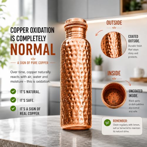 Copper Water Bottle - 32oz Handcrafted Pure Copper Drinking Vessel with Leak-Proof Cap & Bonus Canvas Bag