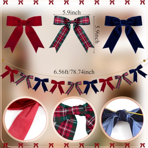 Christmas Garland with Velvet & Tartan Bows - 2 Pack, 6.5 ft Holiday Decor