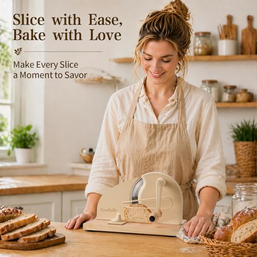 Beige Sourdough Bread Slicer with Adjustable Thickness & Hand Crank, Wooden Base & Safety Guard