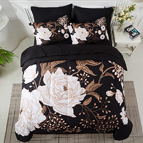 Yogeneg Black Floral 7-Piece King Bed in a Bag Comforter Set Botanical Bedding