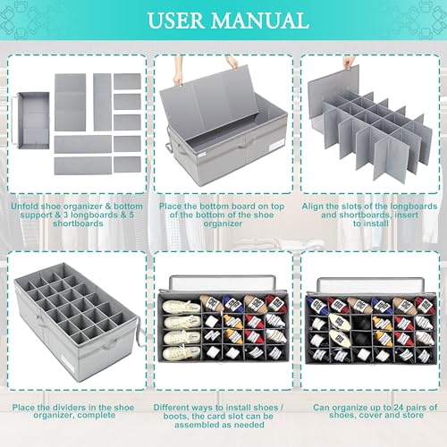Large Shoe Organizer for Closet - Fits 24 Pairs, Grey Foldable Shoe Storage Bins with Handles, 31"L x 16.5"W x 13"H Variation of THIS listing
