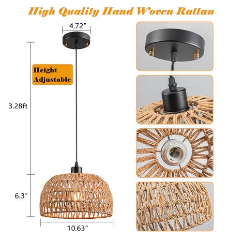Brown Battery Operated Pendant Light with Remote - Rechargeable Rattan Chandelier No Wiring Needed for Kitchen & Ceiling