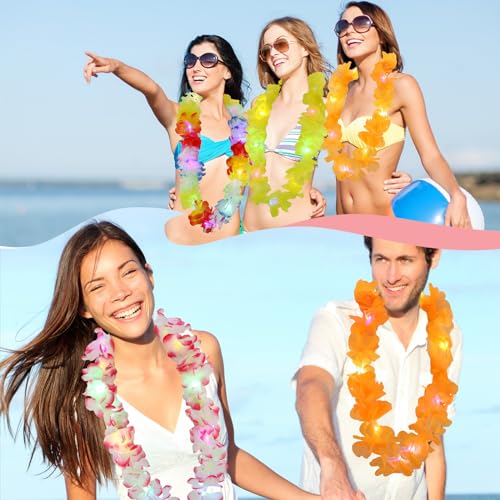 Sherr 100 Pcs LED Hawaiian Leis – Bright Rainbow Light-Up Luau Party Necklaces