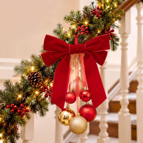 12-Inch Red Gold Christmas Ornament with Velvet Bow for Holiday Decor