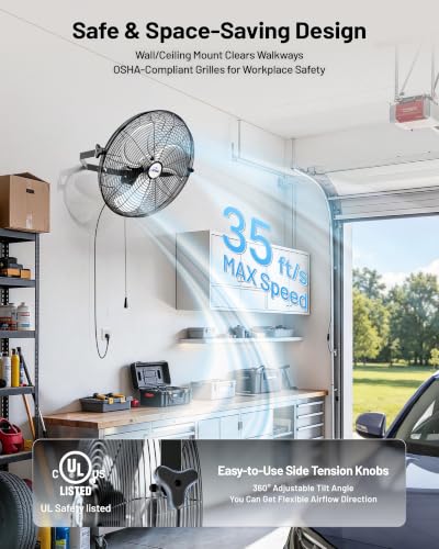 iLiving 20 Inch Wall Mount Fan - High Velocity 4750 CFM, 3-Speed Industrial Metal Fan with 360° Tilt