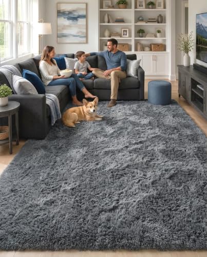 8x10 Ft Large Area Rug for Living Room and Bedroom - Grey Fluffy Shaggy Carpet