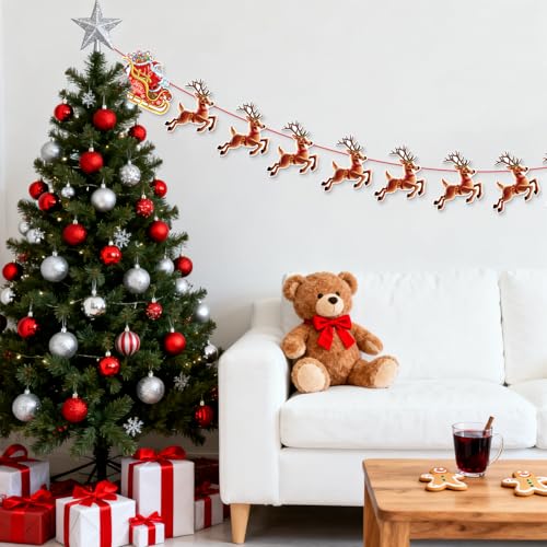 Christmas Banner,2 Set Pre-Strung Santa and Reindeer Bunting Garlands for Merry Christmas Party Decorations,Inside,Home, Office,Fireplace,Wall,Window Hanging Decoration,Xmas Holiday Decor Supplies