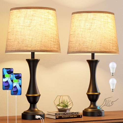 Touch Nightstand Lamps Set of 2 - 3 Way Dimmable with USB-C & A, Beige Shade & Black Base, 22 Inch
