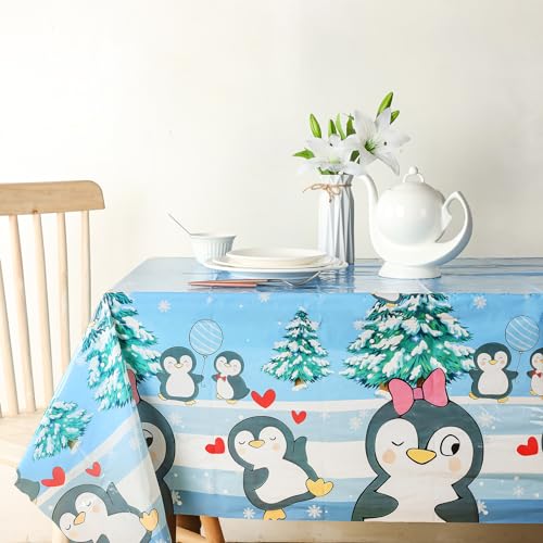 Buryeah 3 Pcs Penguin Tablecloth Birthday Party Decorations Supplies Plastic Penguin Table Cover Snowflake Tablecloth Disposable for Christmas Theme Party Decoration, 51 x 87 Inch