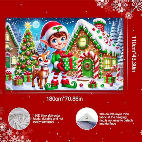 Merry Christmas Banner 71 x 43 in - Reindeer Elf Village Backdrop for Holiday Decor