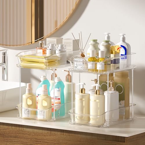 Delamu 4 Pack Clear 2-Tier Under Sink Organizer with Pull-Out Drawers, Stackable Bathroom & Kitchen Cabinet Storage