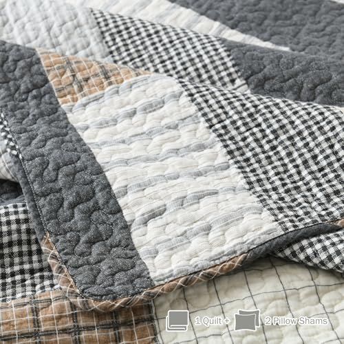 Queen Size Cotton Quilt Set with Striped Shams - Dark Grey, 3-Piece Bedding