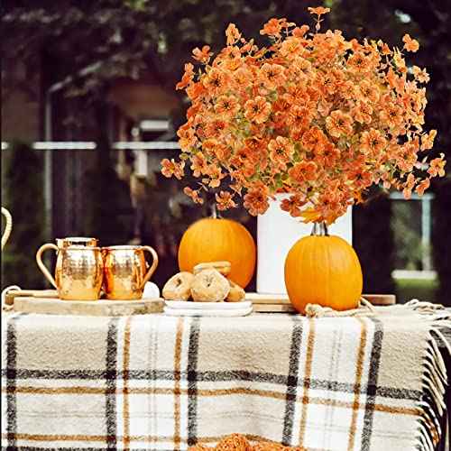 Agusbagli 10Pcs Artificial Fall Flowers Outdoor Autumn Fake Flowers UV Resistant Faux Plastic Greenery Shrub Plant for Wedding Home Garden Window Box Fireplace Thanksgiving Christmas Decor Orange