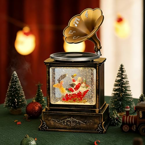 MOJDIOSM Phonograph Snow Globe Lantern - 8 Songs, Silent Mode, USB/Battery Powered, Reindeer Santa Snowman 10.8in