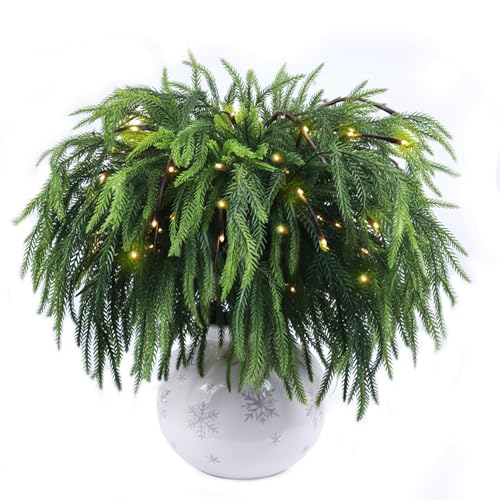 MGupzao 12Pcs 27-Inch Christmas Norfolk Pine Stems with Lights, Green