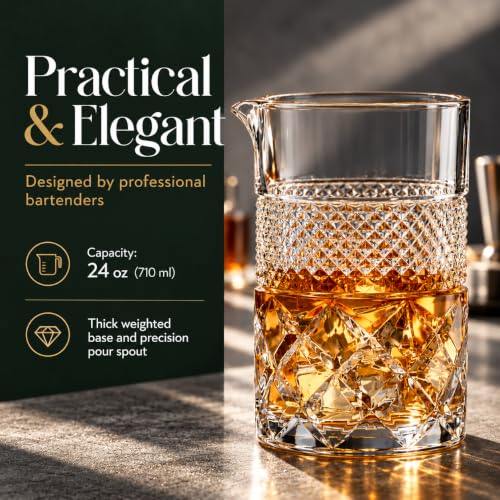 24 Oz Crystal Cocktail Mixing Glass Set with Bamboo Stand & Bar Tools - 7 Pieces