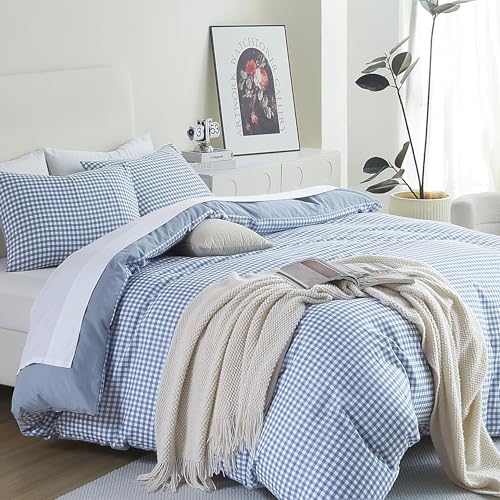 Queen Comforter Set - Blue Gingham Reversible Bedding 3 Pieces