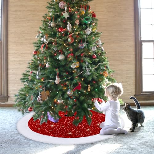 Dremisland 48-inch Red Sequin Christmas Tree Skirt with Faux Fur - Holiday Decor