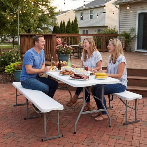 Byliable 6ft White Folding Portable Plastic Bench with Handle for Indoor & Outdoor Use